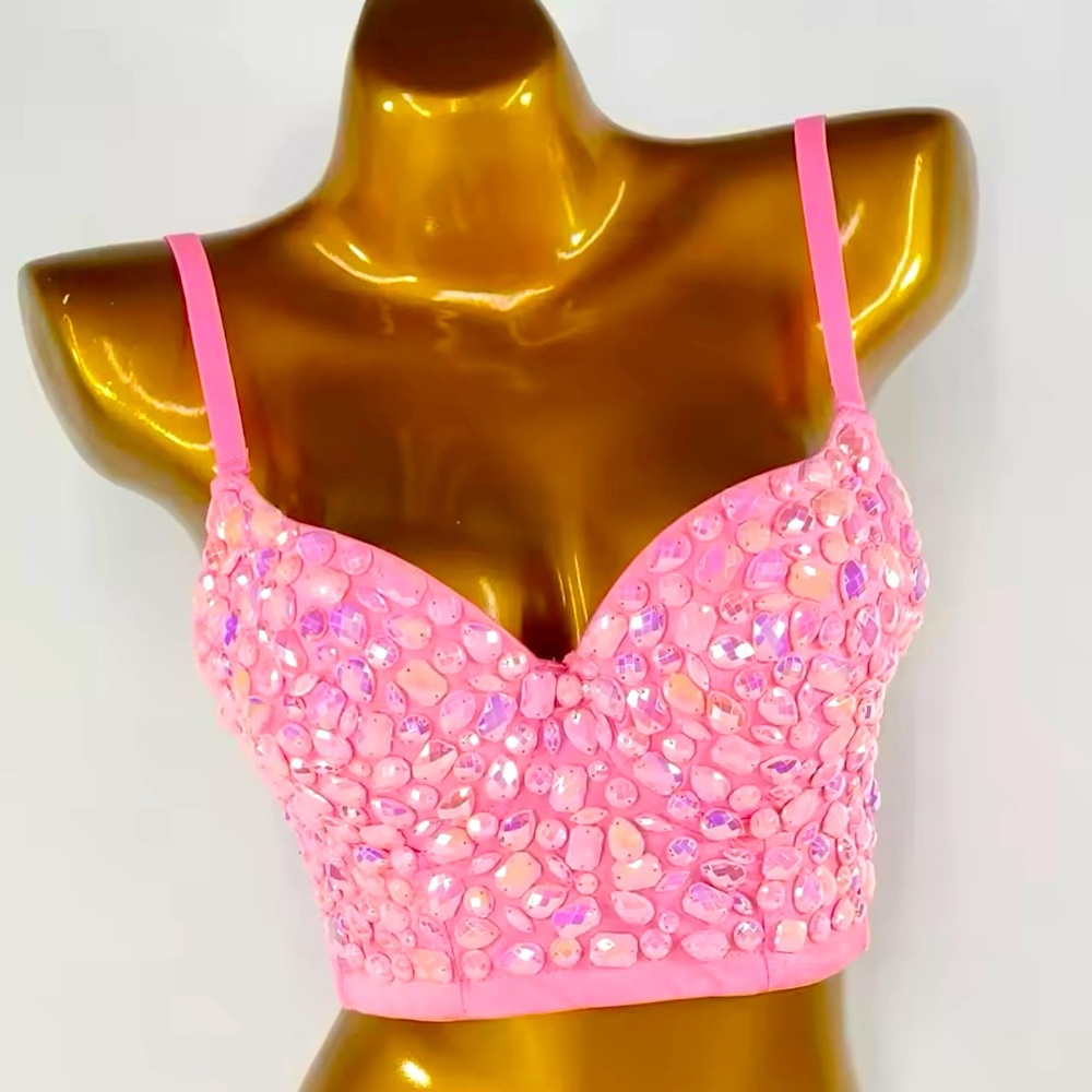 Glam Crystal Pink Corset Top Sexy Club Wear Dancer Party Streetwear Fashion
